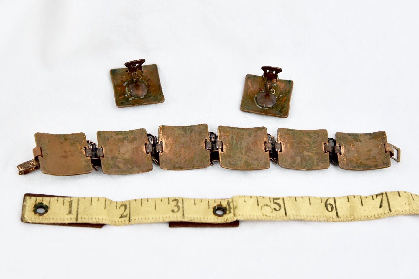 Renoir Copper Leaf & Green and White Geometric Glass Enamel Bracelet, Earring set