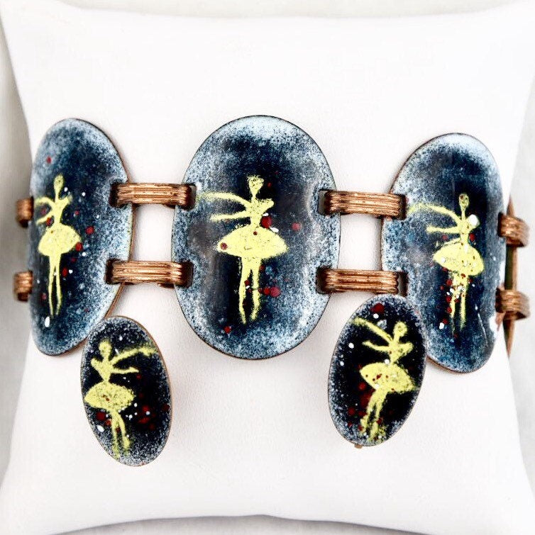 Vintage Ballerina Glass Enamel Copper Link Bracelet & Earring set by designer Harris New York City