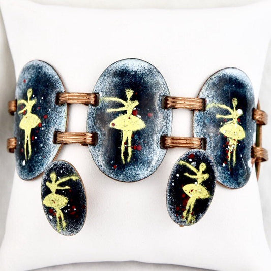 Vintage Ballerina Glass Enamel Copper Link Bracelet & Earring set by designer Harris New York City