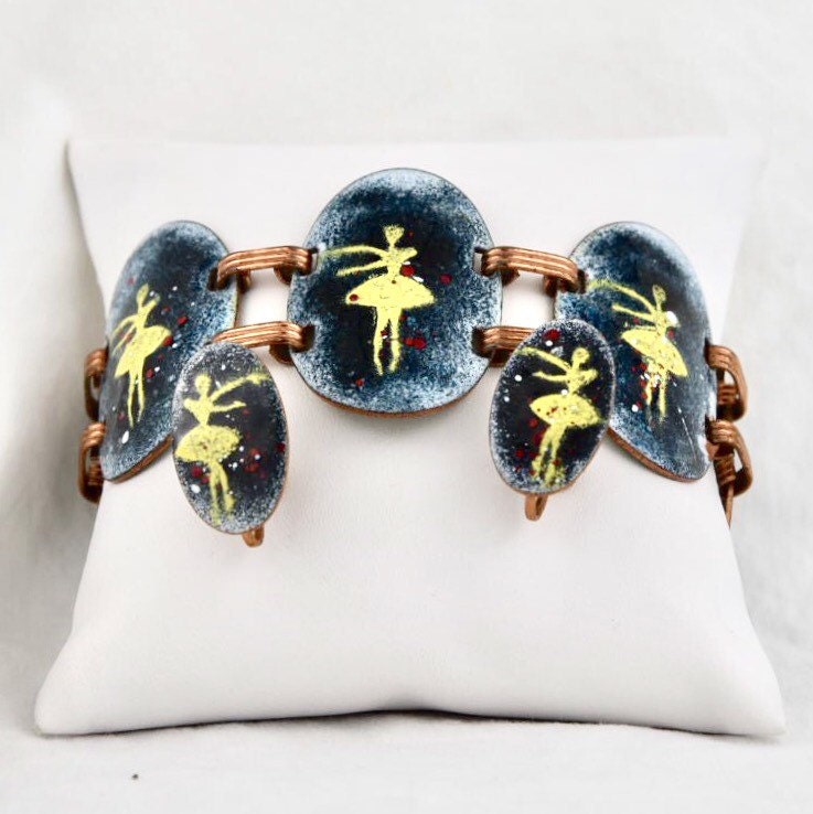 Vintage Ballerina Glass Enamel Copper Link Bracelet & Earring set by designer Harris New York City