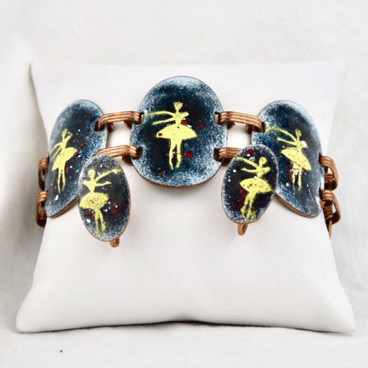 Vintage Ballerina Glass Enamel Copper Link Bracelet & Earring set by designer Harris New York City