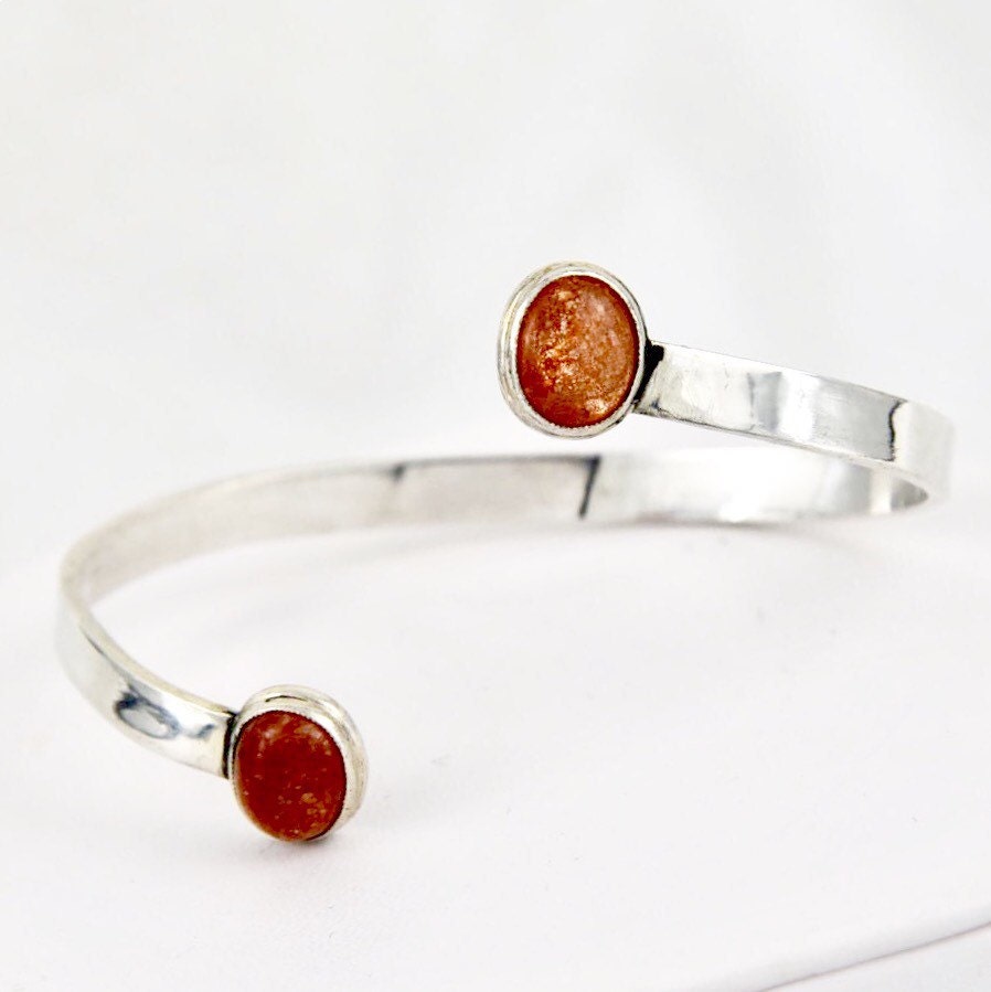 Norwegian Sunstone Handmade Open Back Bezel Set Sterling Silver Modern Minimalist Cuff Bracelet