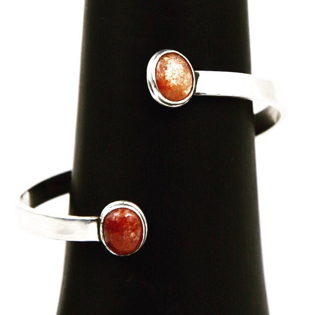 Norwegian Sunstone Handmade Open Back Bezel Set Sterling Silver Modern Minimalist Cuff Bracelet