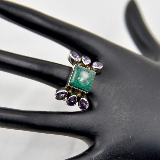 Vintage Indian Chrysocolla & Amethyst Sterling Silver Ring Size 10