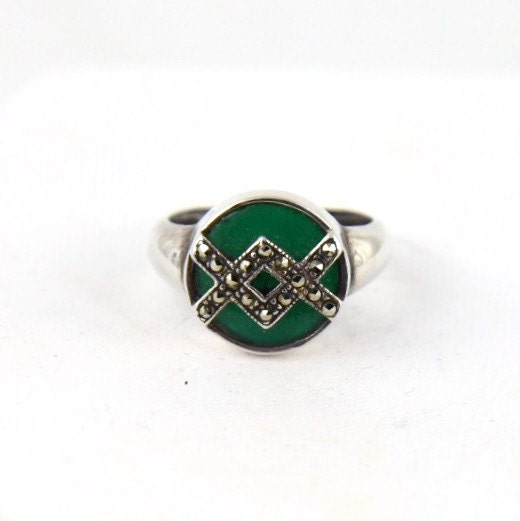 Art Deco Chrysoprase with Marcasite Overlay Unique Sterling Silver Ring