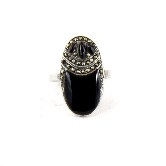 Art Deco Sterling Silver, Marcasite & Onyx Gemstone Gothic Ring