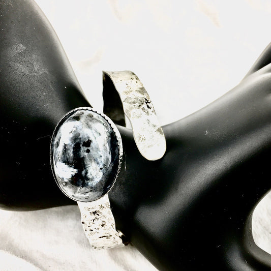 Norwegian Larvikite in Hand Hammered Sterling Coil Bypass Cuff