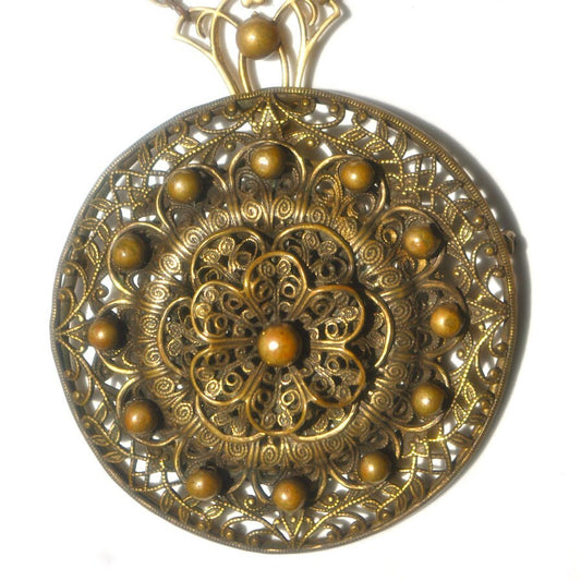 Steampunk Victorian Brass Filigree Czechoslovakian Removable Pendant Necklace