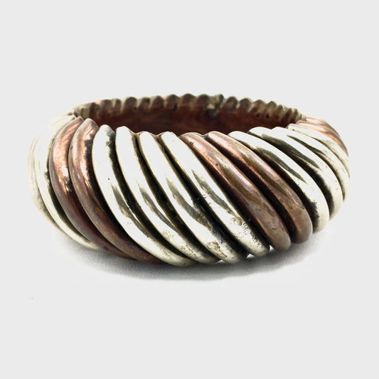 1970 Mixed Metal Bangle Bracelet Chunky Wooden Copper Silver Brass
