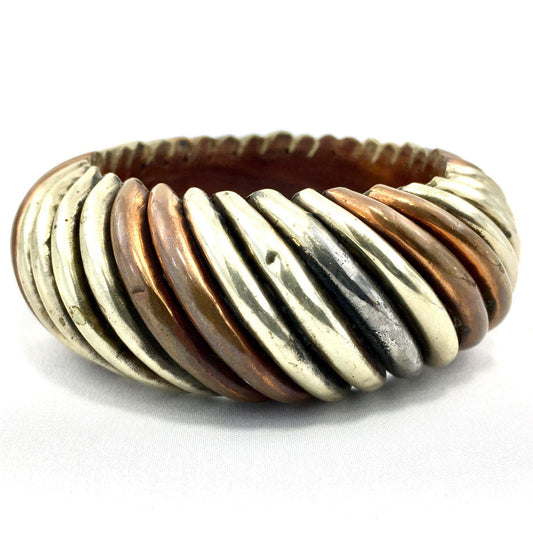 1970 Mixed Metal Bangle Bracelet Chunky Wooden Copper Silver Brass