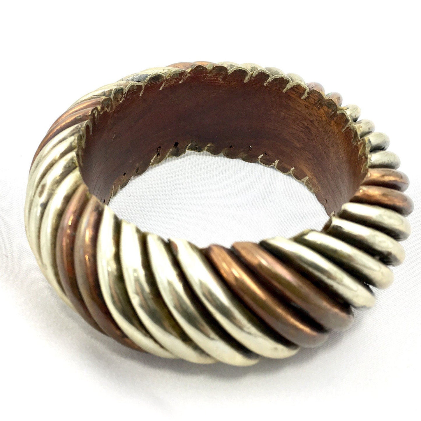 1970 Mixed Metal Bangle Bracelet Chunky Wooden Copper Silver Brass