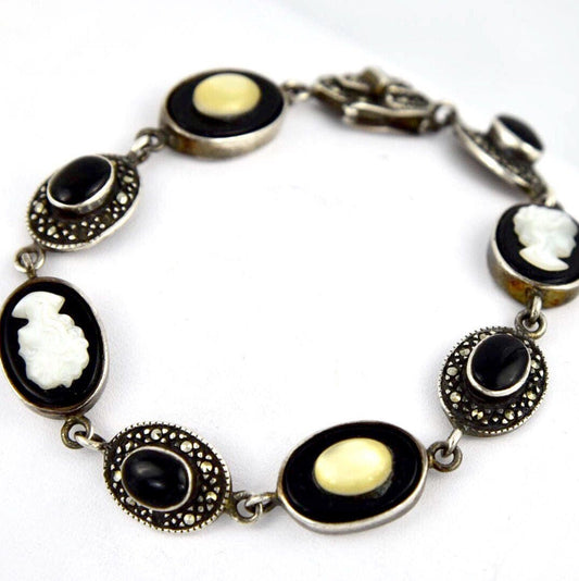 Cameo, Onyx, Mother of Pearl, Marcasite & Yellow Cat Eye Sterling Bracelet