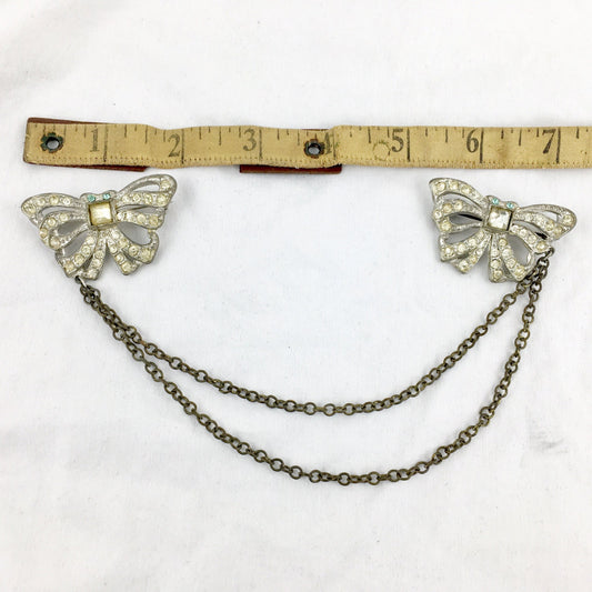 Art Deco 1920's Rhodium Pot Metal Crystal Rhinestone Butterfly Bow Double Brooch Sweater Clip