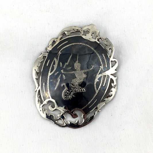 Siam Sterling Silver Nielloware Openwork Brooch featuring Mekkalah the Lightning Godess