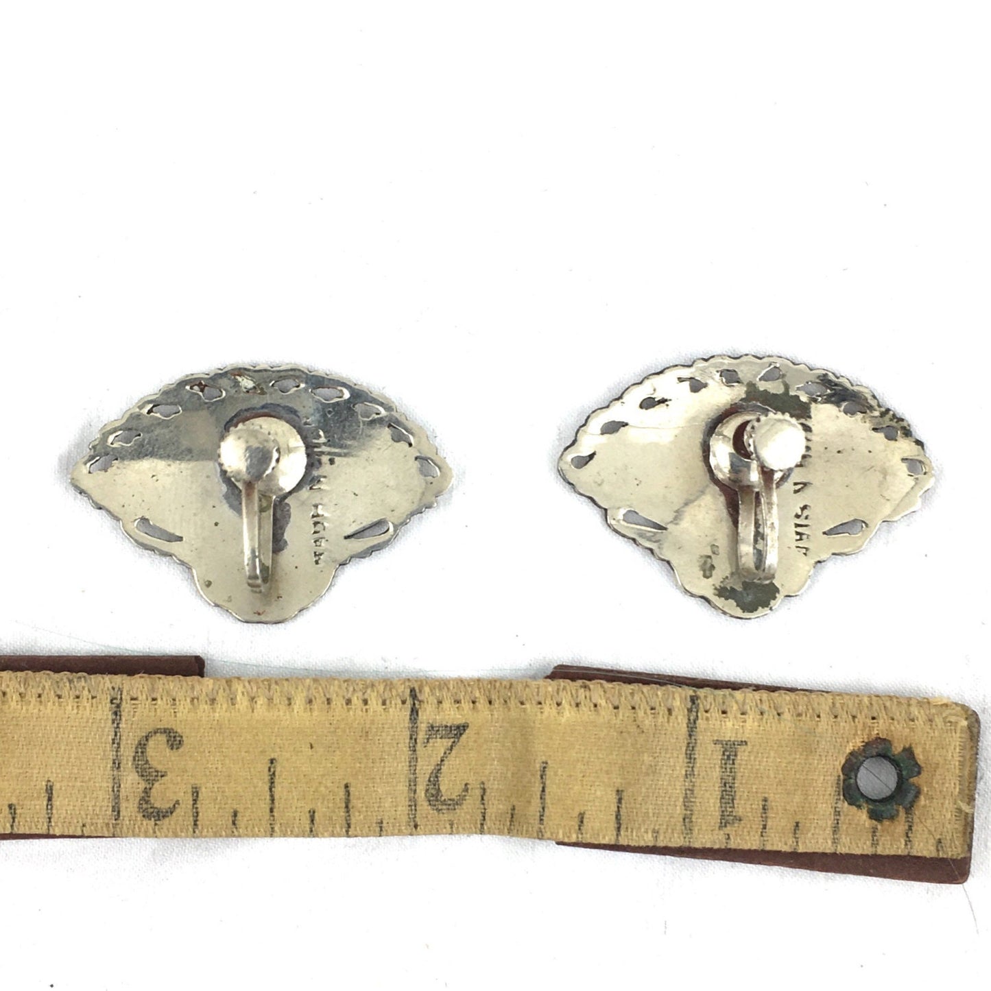 Siam Sterling Nielloware Ramasoon thunder god & Mekkalah lightning goddess Fan Earrings c. 1940