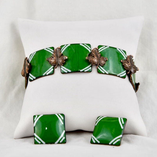 Renoir Copper Leaf & Green and White Geometric Glass Enamel Bracelet, Earring set