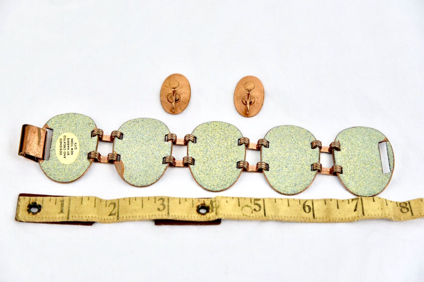 Vintage Ballerina Glass Enamel Copper Link Bracelet & Earring set by designer Harris New York City