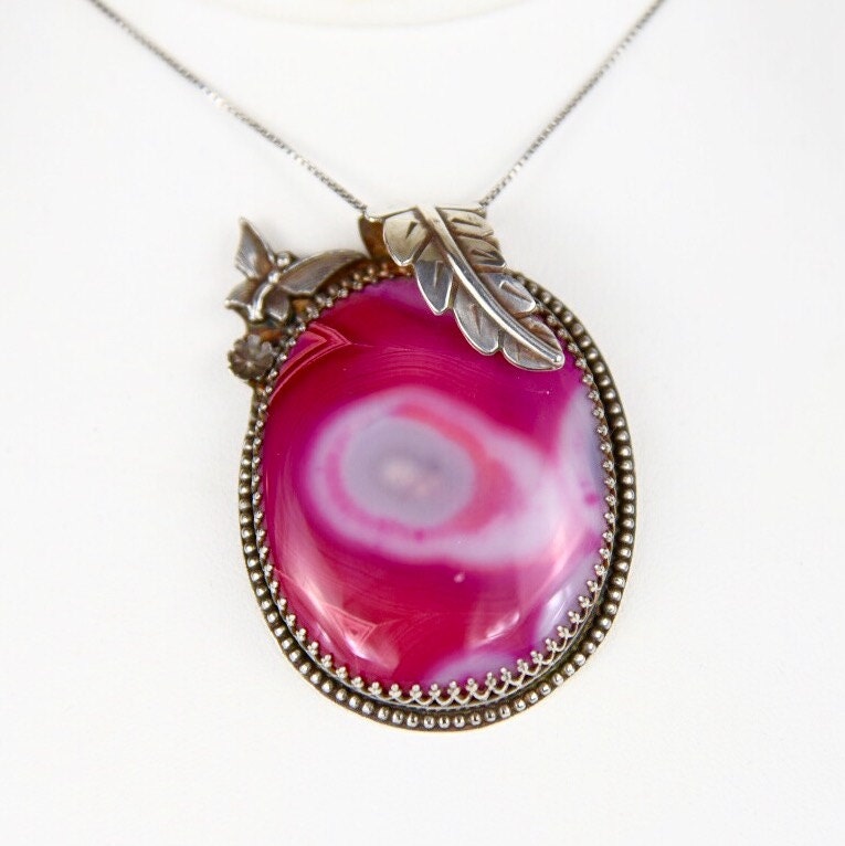 Amazing Botswana Fancy Red & Pink Agate Large Cabochon Sterling Silver 925 Handmade Custom Butterfly Leaf Pendant