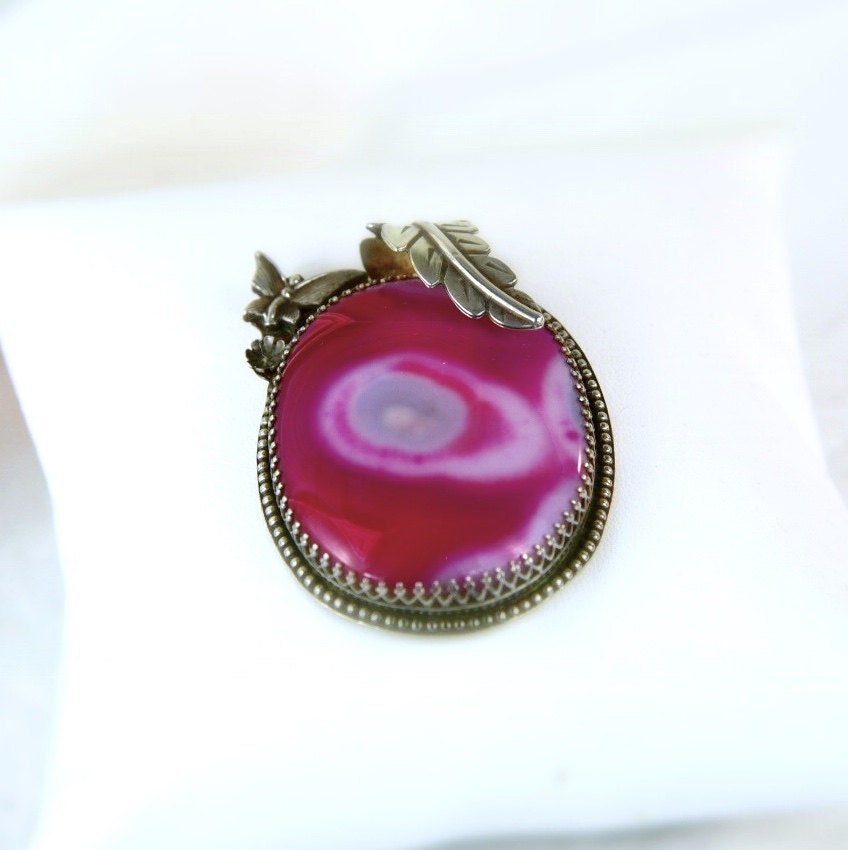 Amazing Botswana Fancy Red & Pink Agate Large Cabochon Sterling Silver 925 Handmade Custom Butterfly Leaf Pendant