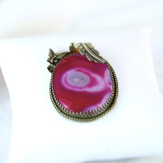Amazing Botswana Fancy Red & Pink Agate Large Cabochon Sterling Silver 925 Handmade Custom Butterfly Leaf Pendant
