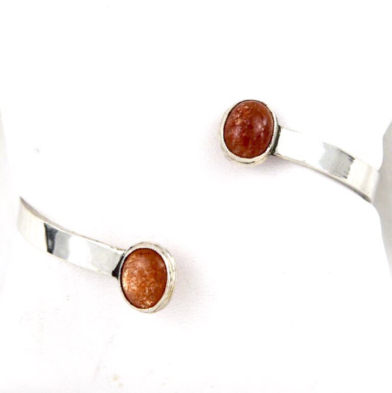 Norwegian Sunstone Handmade Open Back Bezel Set Sterling Silver Modern Minimalist Cuff Bracelet