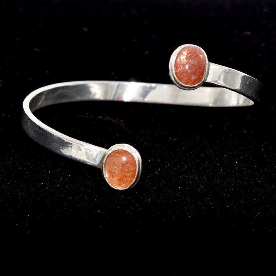 Norwegian Sunstone Handmade Open Back Bezel Set Sterling Silver Modern Minimalist Cuff Bracelet