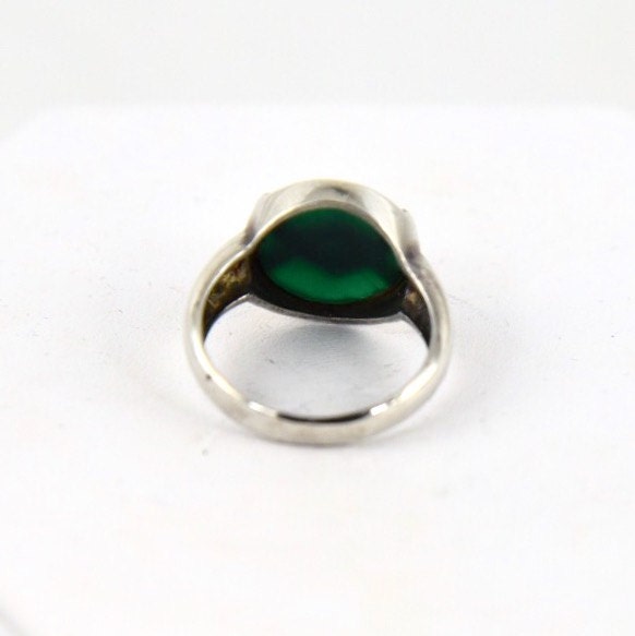 Art Deco Chrysoprase with Marcasite Overlay Unique Sterling Silver Ring