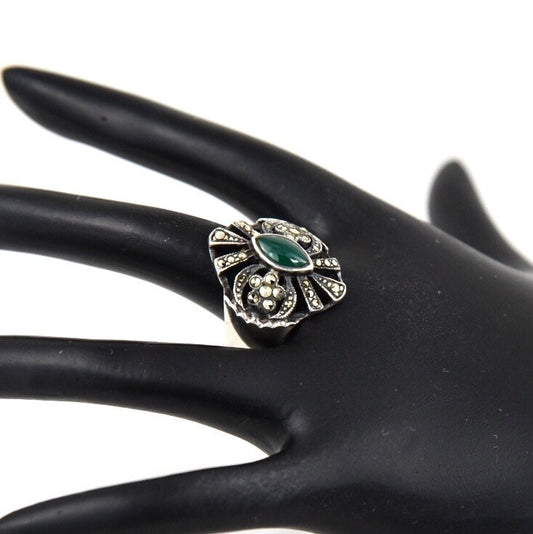 Art Deco Chrysoprase & Marcasite Sterling Silver Vintage Cocktail Ring sz 9