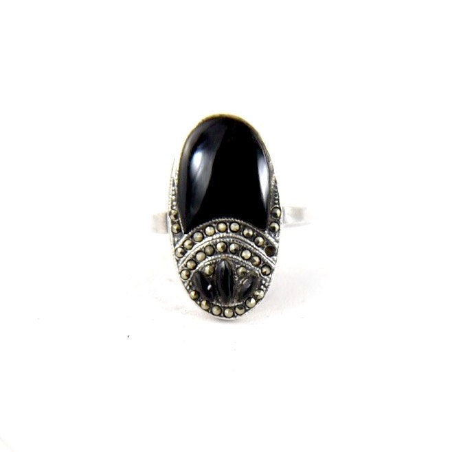 Art Deco Sterling Silver, Marcasite & Onyx Gemstone Gothic Ring