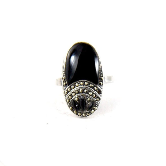 Art Deco Sterling Silver, Marcasite & Onyx Gemstone Gothic Ring