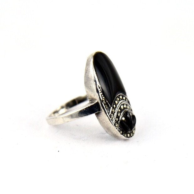 Art Deco Sterling Silver, Marcasite & Onyx Gemstone Gothic Ring