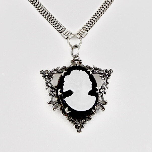 Victorian French Jet & White Milk Glass Cameo Sterling Silver Garland Mourning Hair Locket