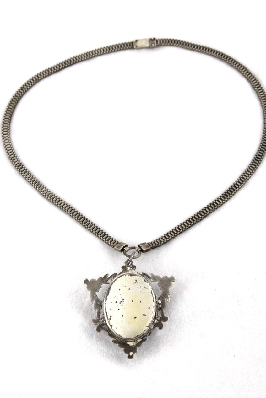 Victorian French Jet & White Milk Glass Cameo Sterling Silver Garland Mourning Hair Locket