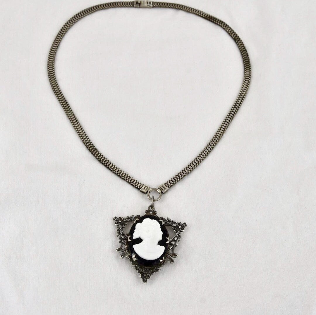 Victorian French Jet & White Milk Glass Cameo Sterling Silver Garland Mourning Hair Locket