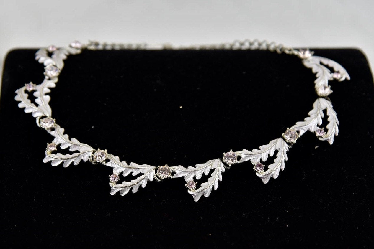 Mid Century Modern Hollywood Glamour Pale Pink Crystal Leaf Choker Necklace