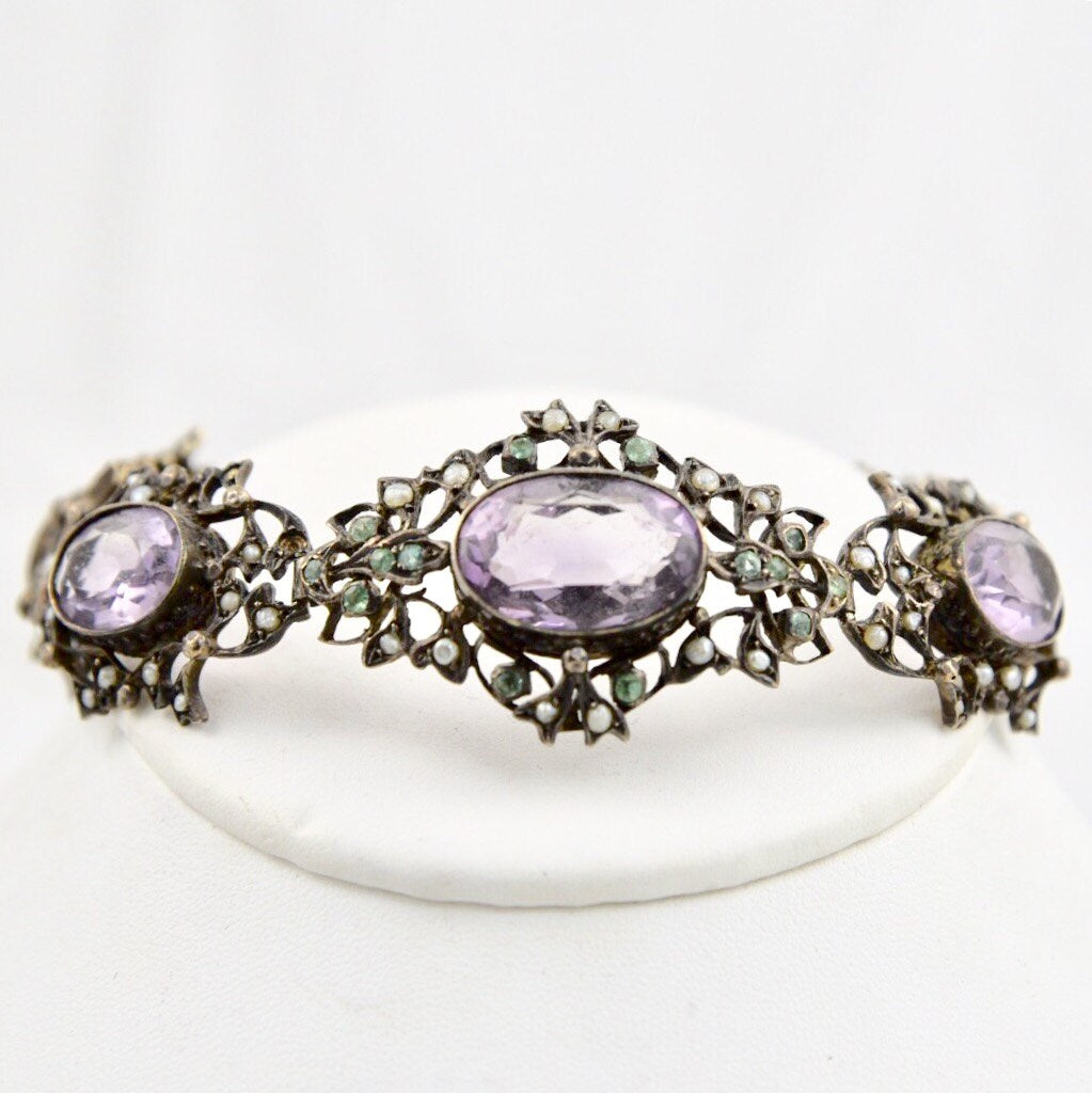 Art Nouveau Edwardian Amethyst, Peridot, Seed Pearl 935 Fine Sterling Silver Bracelet