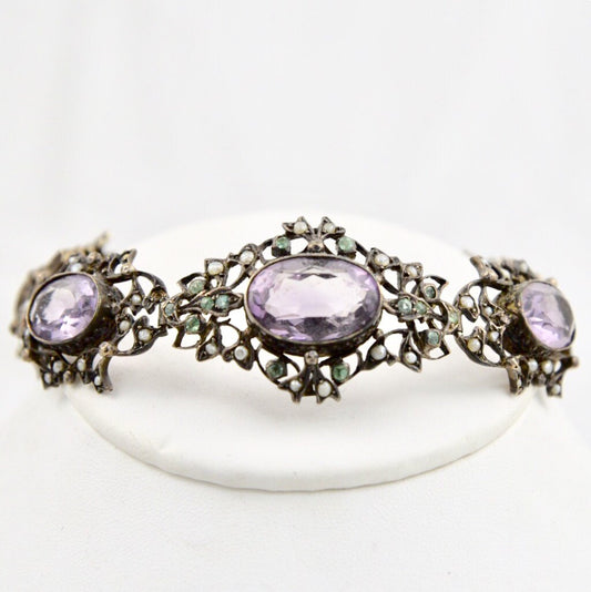 Art Nouveau Edwardian Amethyst, Peridot, Seed Pearl 935 Fine Sterling Silver Bracelet