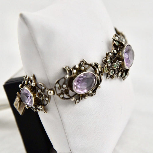 Art Nouveau Edwardian Amethyst, Peridot, Seed Pearl 935 Fine Sterling Silver Bracelet