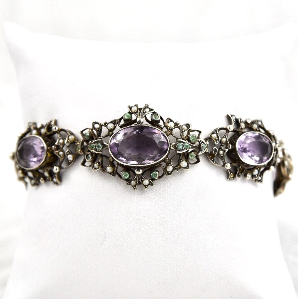 Art Nouveau Edwardian Amethyst, Peridot, Seed Pearl 935 Fine Sterling Silver Bracelet