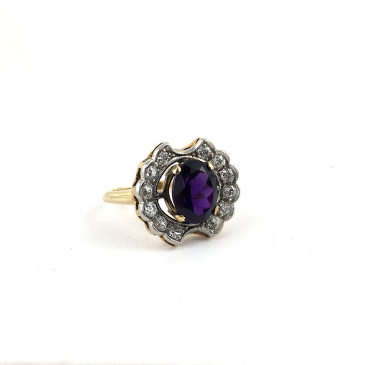 Edwardian 14K Gold, Palladium, Amethyst & Diamond Antique Engagement Ring