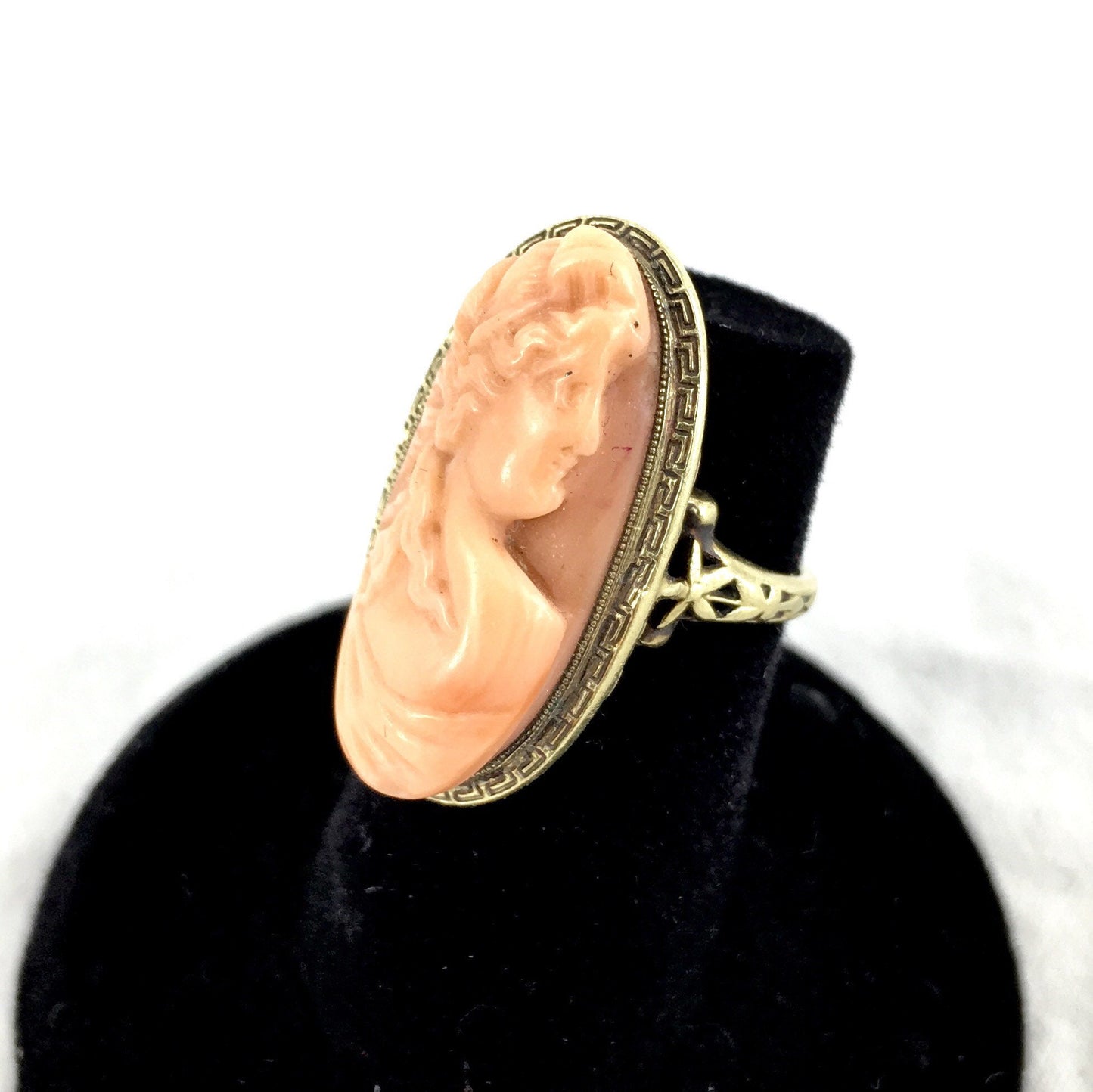Victorian 14K coral Cameo Ring with Greek Key Design