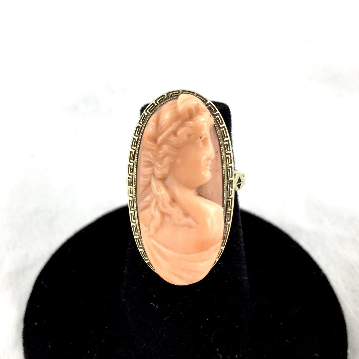 Victorian 14K coral Cameo Ring with Greek Key Design