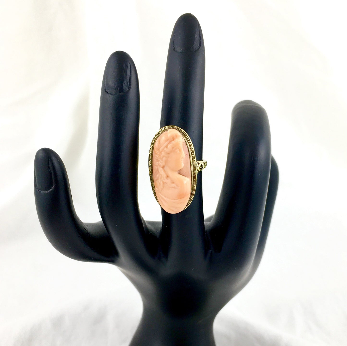Victorian 14K coral Cameo Ring with Greek Key Design