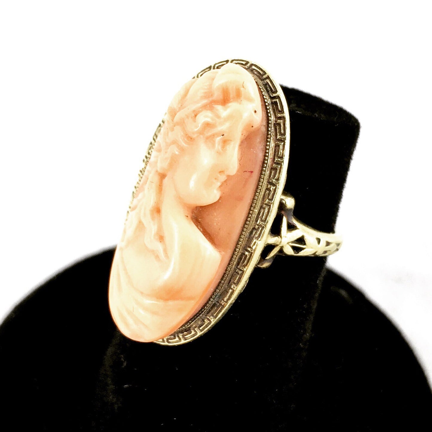 Victorian 14K coral Cameo Ring with Greek Key Design