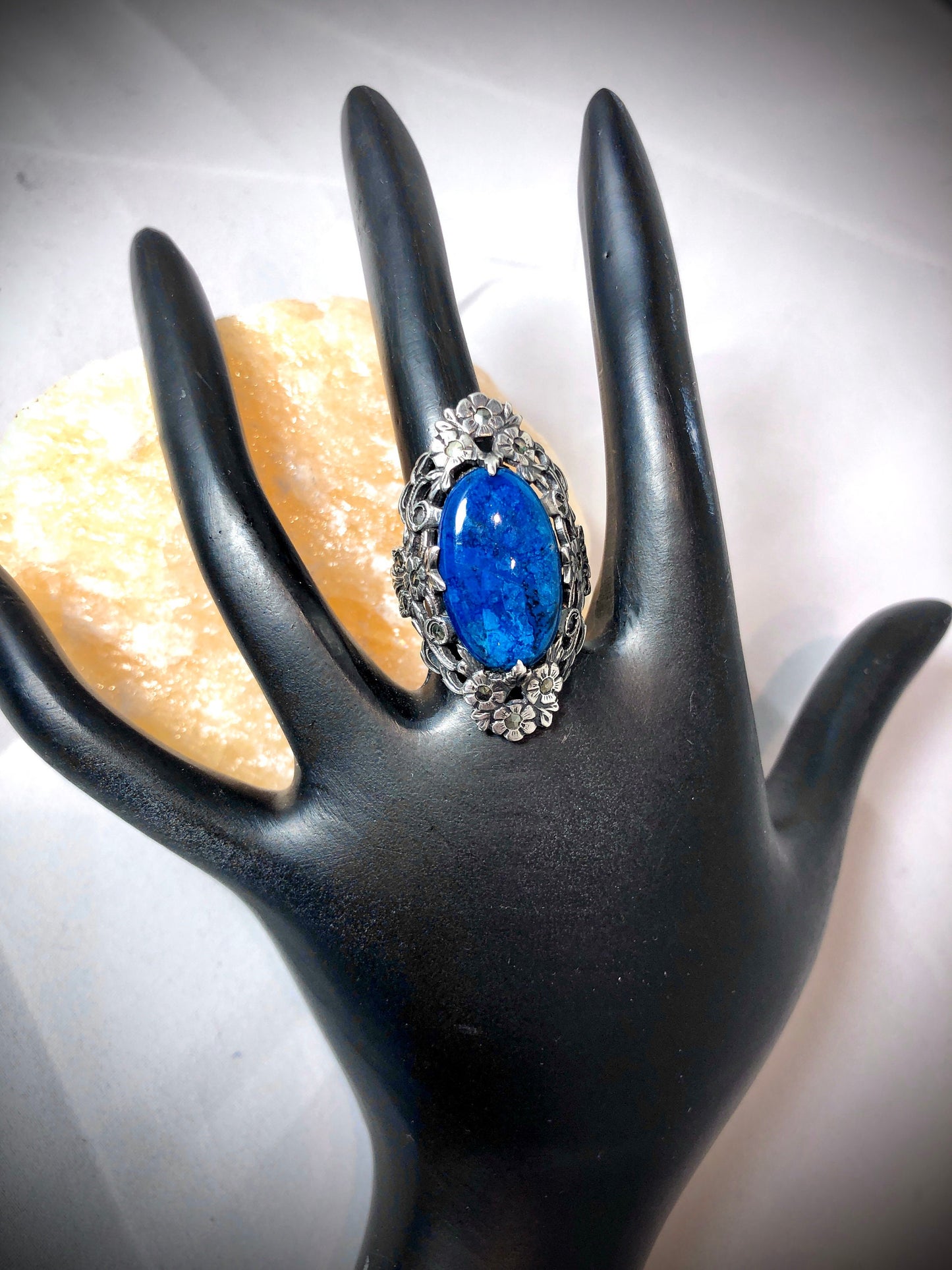 Art Nouveau Sterling Floral Design w/ Blue Lapis Art Glass & Marcasite Ring