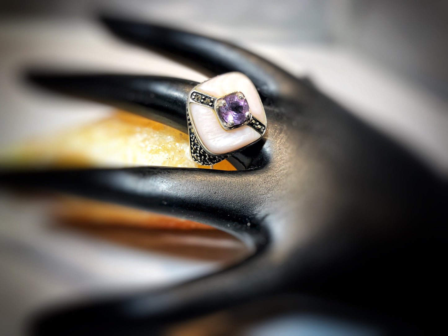 Art Deco Sterling Silver Marcasite Amethyst & Mother of Pearl Cocktail ring