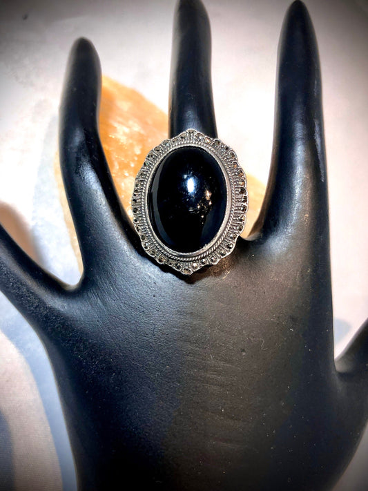 Art Deco Sterling Silver Onyx & Marcasite Ring