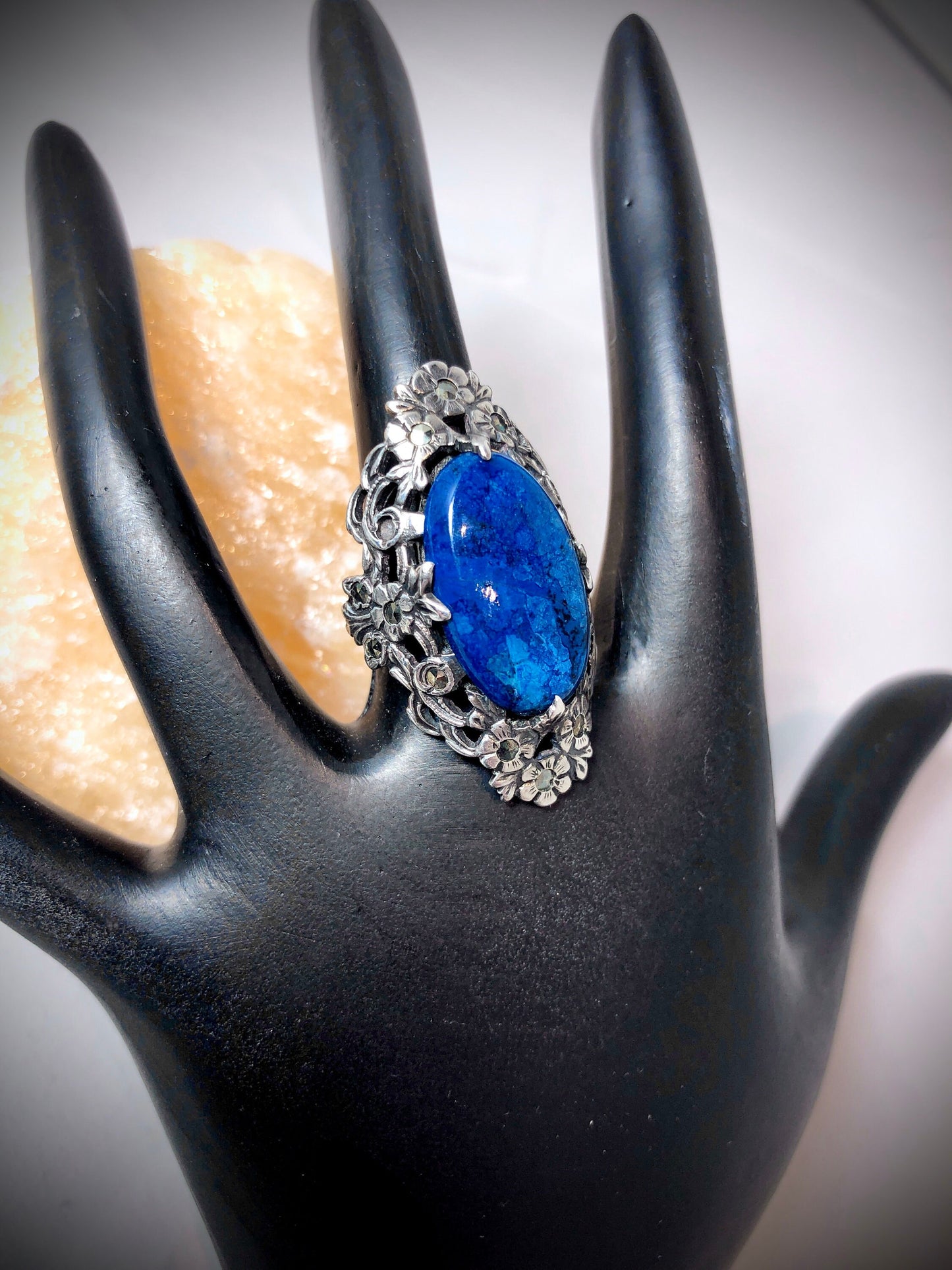 Art Nouveau Sterling Floral Design w/ Blue Lapis Art Glass & Marcasite Ring