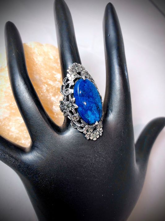 Art Nouveau Sterling Floral Design w/ Blue Lapis Art Glass & Marcasite Ring