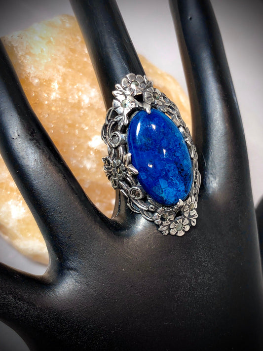 Art Nouveau Sterling Floral Design w/ Blue Lapis Art Glass & Marcasite Ring